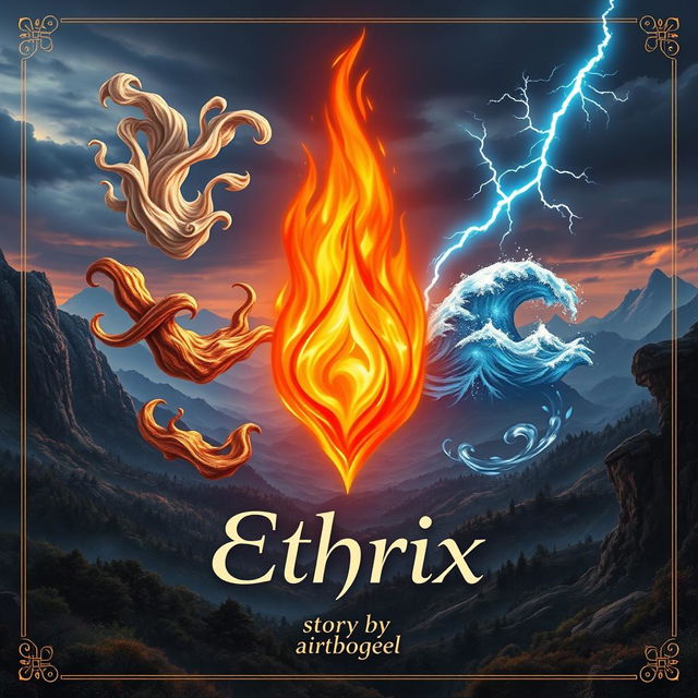 A stunning book cover for 'Ethrix', featuring a central, vivid flame representing the element of fire