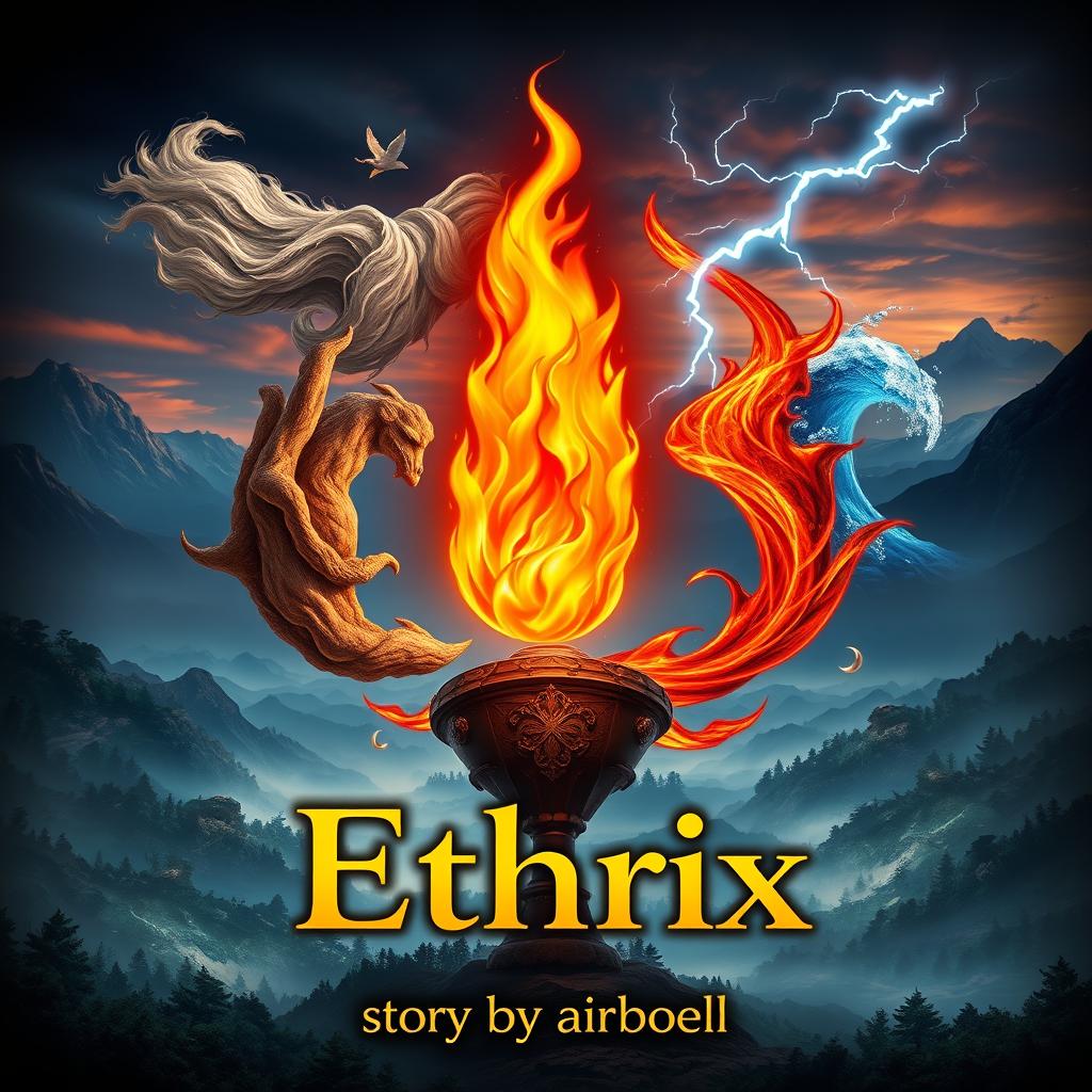 A stunning book cover for 'Ethrix', featuring a central, vivid flame representing the element of fire