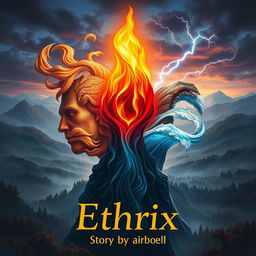 A stunning book cover for 'Ethrix', featuring a central, vivid flame representing the element of fire