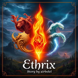 A stunning book cover for 'Ethrix', featuring a central, vivid flame representing the element of fire