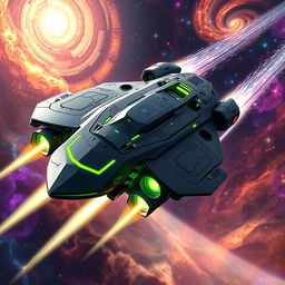 A dynamic image of a futuristic space gunship equipped with advanced technology and weaponry