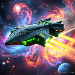 A dynamic image of a futuristic space gunship equipped with advanced technology and weaponry