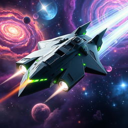 A dynamic image of a futuristic space gunship equipped with advanced technology and weaponry