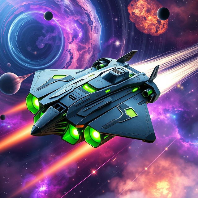 A dynamic image of a futuristic space gunship equipped with advanced technology and weaponry