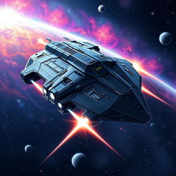 A detailed illustration of a futuristic space gunship gliding through a star-filled cosmos