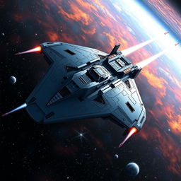 A detailed illustration of a futuristic space gunship gliding through a star-filled cosmos