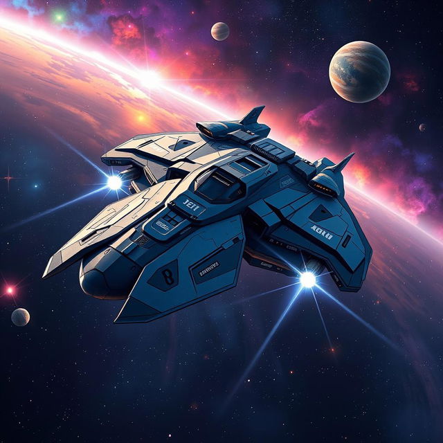 A detailed illustration of a futuristic space gunship gliding through a star-filled cosmos