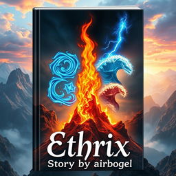 A captivating book cover for 'Ethrix' featuring a central flaming fire surrounded by the four elemental symbols: Wind Element illustrated with swirling blue currents, Blue Fire Element radiating an intense azure glow, Thunder Element depicted with vivid lightning bolts, and Water Element represented by cascading waves