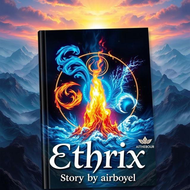 A captivating book cover for 'Ethrix' featuring a central flaming fire surrounded by the four elemental symbols: Wind Element illustrated with swirling blue currents, Blue Fire Element radiating an intense azure glow, Thunder Element depicted with vivid lightning bolts, and Water Element represented by cascading waves