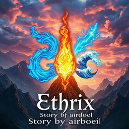 A captivating book cover for 'Ethrix' featuring a central flaming fire surrounded by the four elemental symbols: Wind Element illustrated with swirling blue currents, Blue Fire Element radiating an intense azure glow, Thunder Element depicted with vivid lightning bolts, and Water Element represented by cascading waves