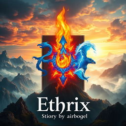 A captivating book cover for 'Ethrix' featuring a central flaming fire surrounded by the four elemental symbols: Wind Element illustrated with swirling blue currents, Blue Fire Element radiating an intense azure glow, Thunder Element depicted with vivid lightning bolts, and Water Element represented by cascading waves