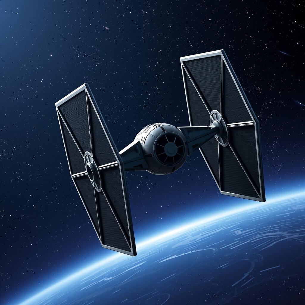 An impressive rendering of a classic TIE Fighter from the Star Wars universe, showcasing its iconic design with twin ion engines and distinctive hexagonal solar panels