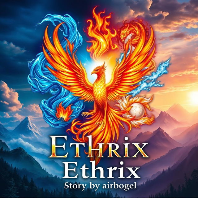 A captivating book cover for 'Ethrix', featuring a majestic flaming phoenix in the center