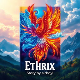 A captivating book cover for 'Ethrix', featuring a majestic flaming phoenix in the center