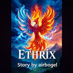 A captivating book cover for 'Ethrix', featuring a majestic flaming phoenix in the center