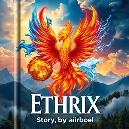A captivating book cover for 'Ethrix', featuring a majestic flaming phoenix in the center