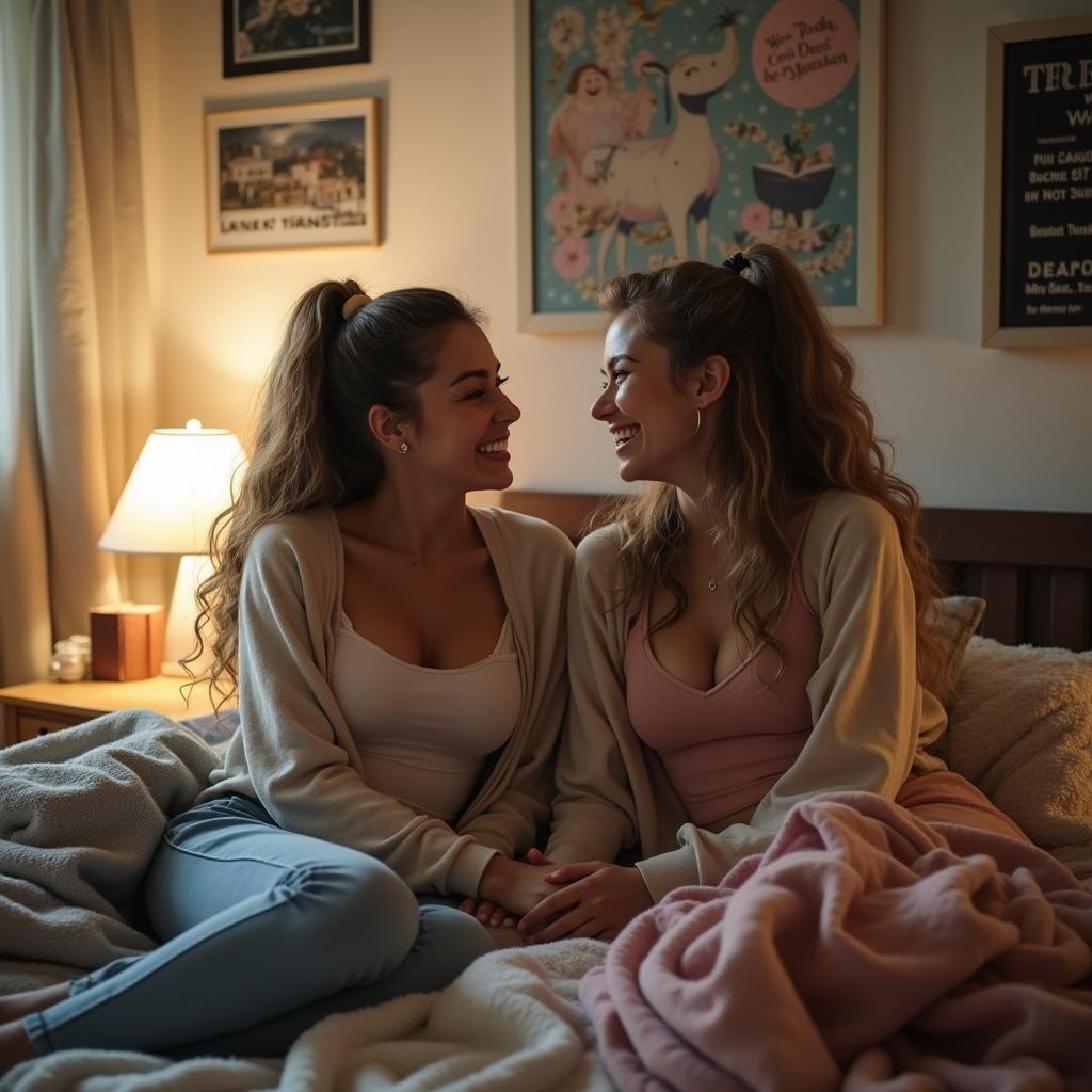 A pair of young women in a college dorm setting, engaging in a playful moment together, showcasing a sense of intimacy and friendship