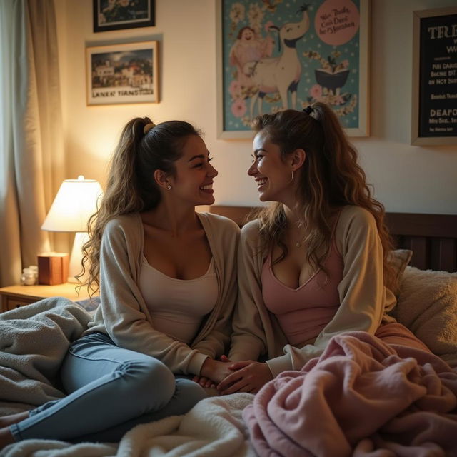 A pair of young women in a college dorm setting, engaging in a playful moment together, showcasing a sense of intimacy and friendship