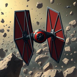 A striking illustration of a variant TIE Fighter from the Star Wars universe, featuring a unique design twist