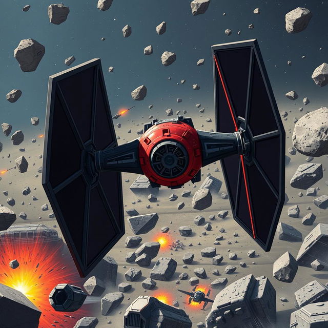 A striking illustration of a variant TIE Fighter from the Star Wars universe, featuring a unique design twist