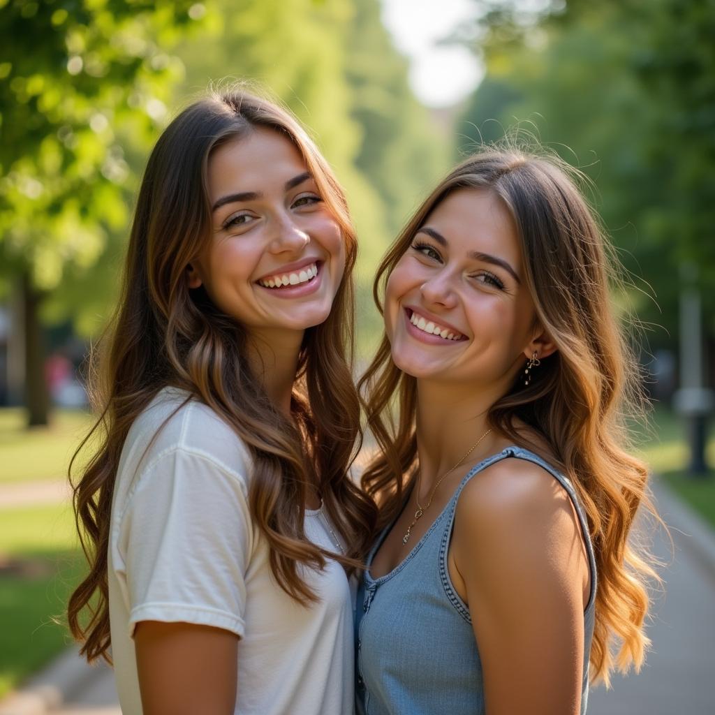 Two female university students posing together in a natural setting, showcasing their youthful beauty with confidence