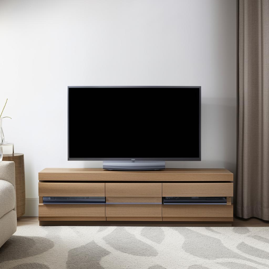 A modern and stylish television unit in a contemporary living space with ample storage. Features clean lines, wood material and shiny steel details.