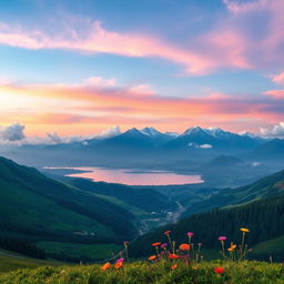 A stunning horizontal landscape wallpaper featuring a serene mountain vista with lush green valleys and a crystal-clear lake in the foreground