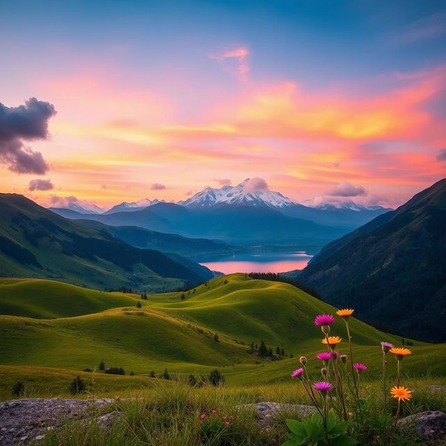 A stunning horizontal landscape wallpaper featuring a serene mountain vista with lush green valleys and a crystal-clear lake in the foreground