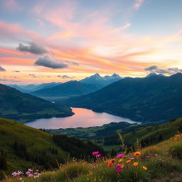 A stunning horizontal landscape wallpaper featuring a serene mountain vista with lush green valleys and a crystal-clear lake in the foreground