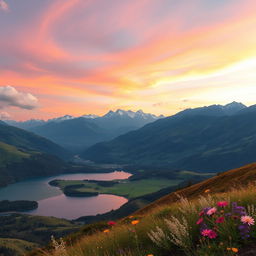 A stunning horizontal landscape wallpaper featuring a serene mountain vista with lush green valleys and a crystal-clear lake in the foreground