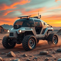 An advanced planet exploration vehicle designed for extraterrestrial terrains, featuring a rugged, futuristic design