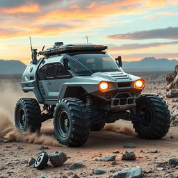 An advanced planet exploration vehicle designed for extraterrestrial terrains, featuring a rugged, futuristic design
