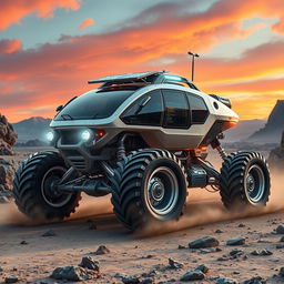 An advanced planet exploration vehicle designed for extraterrestrial terrains, featuring a rugged, futuristic design