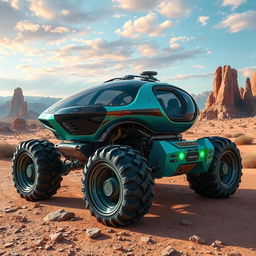 A futuristic planet exploration vehicle designed for alien environments, featuring an aerodynamic and rugged frame