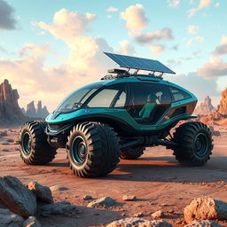 A futuristic planet exploration vehicle designed for alien environments, featuring an aerodynamic and rugged frame