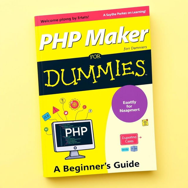 A cover design for a book titled 'PHP Maker for Dummies', featuring bold and colorful graphics to attract beginners