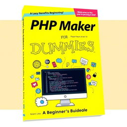 A cover design for a book titled 'PHP Maker for Dummies', featuring bold and colorful graphics to attract beginners