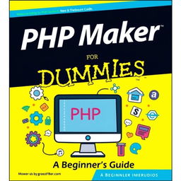 A cover design for a book titled 'PHP Maker for Dummies', featuring bold and colorful graphics to attract beginners