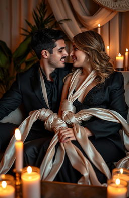 A romantic scene featuring a couple bound together with soft, beautifully tied silk ropes, showcasing their affection and intimacy