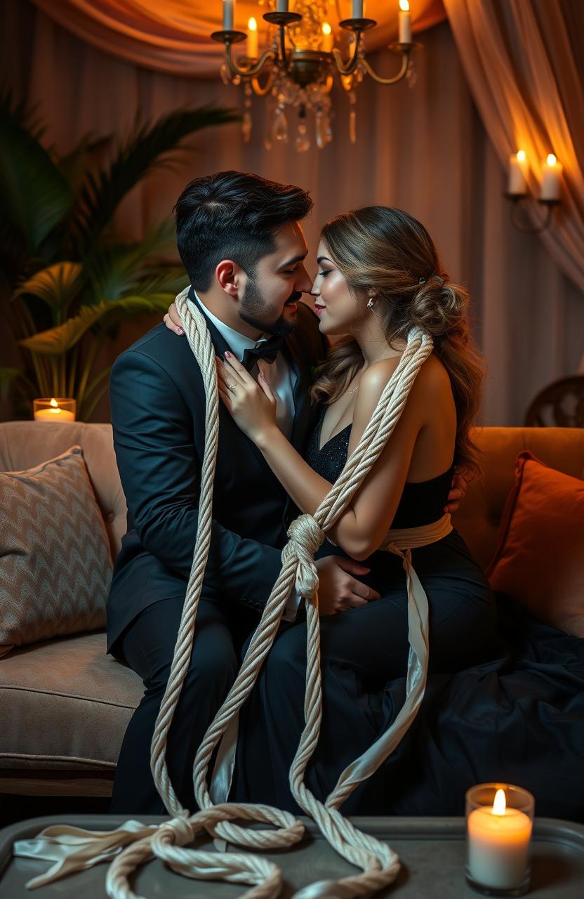 A romantic scene featuring a couple bound together with soft, beautifully tied silk ropes, showcasing their affection and intimacy