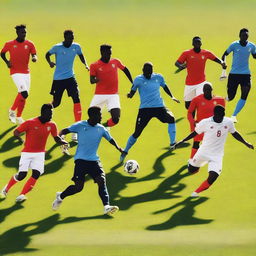 Generate an image of a diverse football team in action on a sunny day.