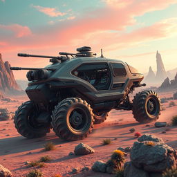 A cutting-edge planet exploration vehicle designed for scouting alien worlds, showcasing a rugged and futuristic aesthetic