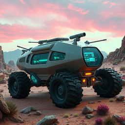 A cutting-edge planet exploration vehicle designed for scouting alien worlds, showcasing a rugged and futuristic aesthetic