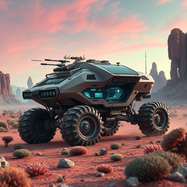 A cutting-edge planet exploration vehicle designed for scouting alien worlds, showcasing a rugged and futuristic aesthetic