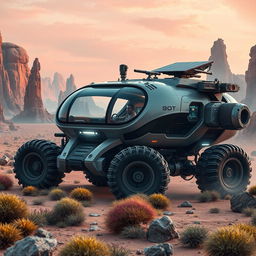 A cutting-edge planet exploration vehicle designed for scouting alien worlds, showcasing a rugged and futuristic aesthetic