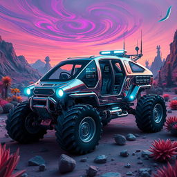 A highly advanced planet exploration vehicle designed for traversing alien worlds, showcasing a robust and futuristic aesthetic