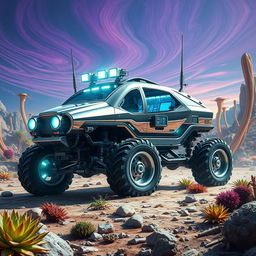 A highly advanced planet exploration vehicle designed for traversing alien worlds, showcasing a robust and futuristic aesthetic