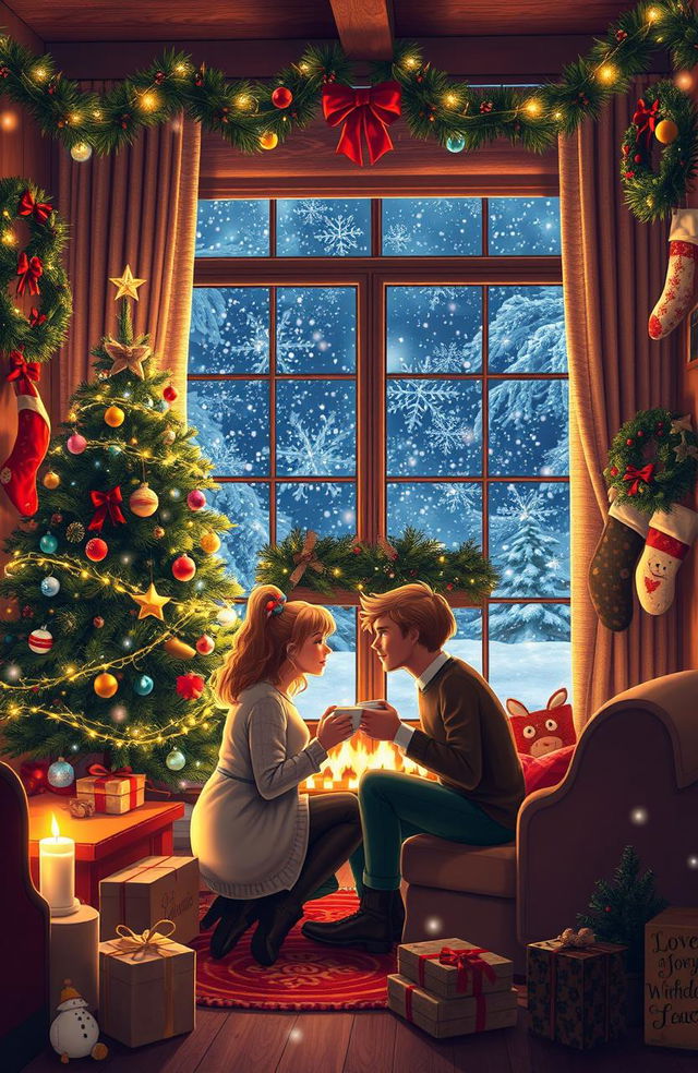 A festive scene celebrating love, joy, and peace during the Christmas season, featuring a cozy living room with a beautifully decorated Christmas tree adorned with twinkling lights and colorful ornaments