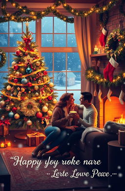 A festive scene celebrating love, joy, and peace during the Christmas season, featuring a cozy living room with a beautifully decorated Christmas tree adorned with twinkling lights and colorful ornaments