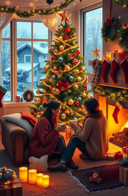 A festive scene celebrating love, joy, and peace during the Christmas season, featuring a cozy living room with a beautifully decorated Christmas tree adorned with twinkling lights and colorful ornaments